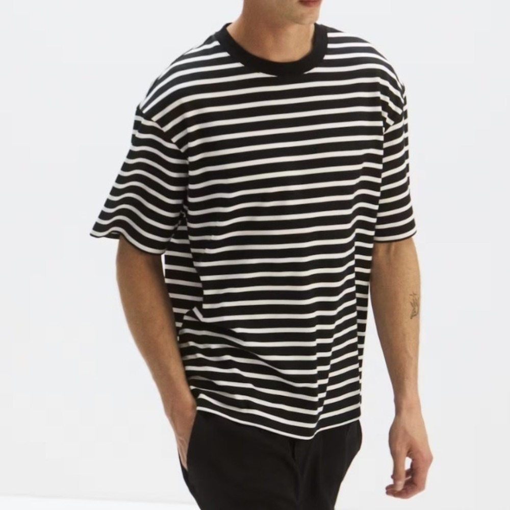 H&M Men's Sz XL Crewneck T-Shirt Short Sleeve Black White Stripes Relaxed Cotton